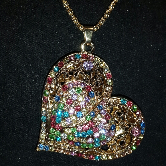 #300 Multi Color Pave Heart Necklace Rhinestone Gold - Picture 2 of 3